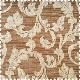 Chocolate brown and beige color traditional floral leaf swirl designs with texture finished horizontal lines polyester main curtain
